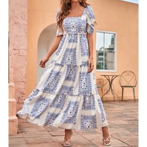 Boho Blue and White Maxi Dress
